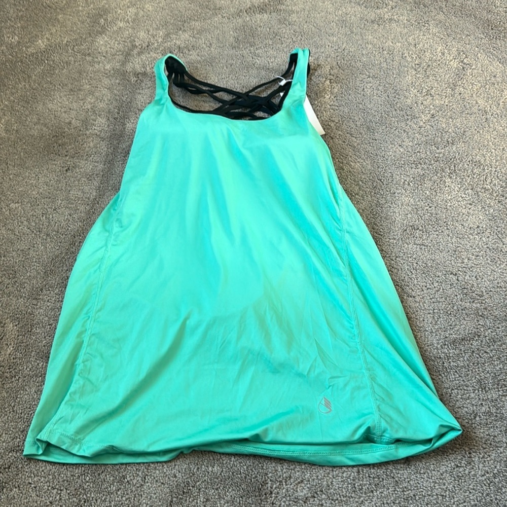 Icyzone Teal Racerback Tank Top Built In Bra Criss Cross Back Activewear SIZE XL